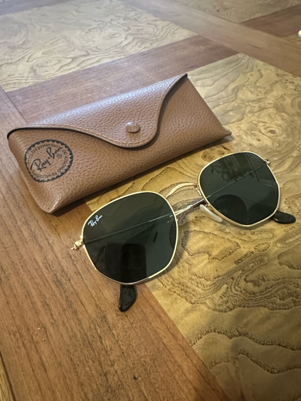 Ray-Ban Hexagonal Metal Sunglasses in Gold Dark Green Lenses | Tortoise She’ll